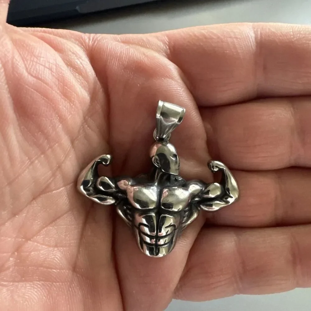 Body Builder Workout Muscle Man Pendant Stainless Steel 24 Inch Chain Fitness